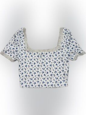 SHEIN White Crop Top with Blue Floral Print and Lace Trim